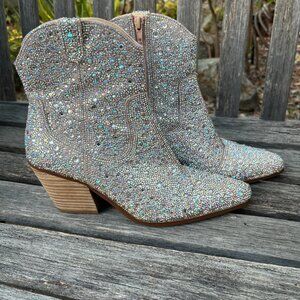 Betsey Johnson Diva Emory Glass Stones Zipper Cowboy Western Booties, Size 7.5